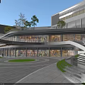 Modern Commercial Street Design Featuring Retail Shops Green Decorations And Pedestrian Walkway