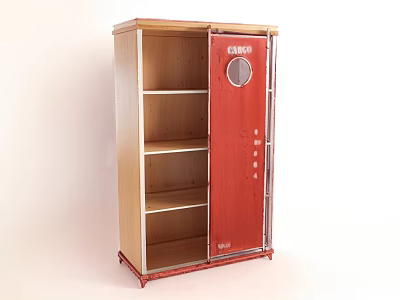 Wooden Wardrobe With Red Door And Round Window For Storage With Multiple Shelves 3d model