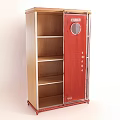 Wooden Wardrobe With Red Door And Round Window For Storage With Multiple Shelves