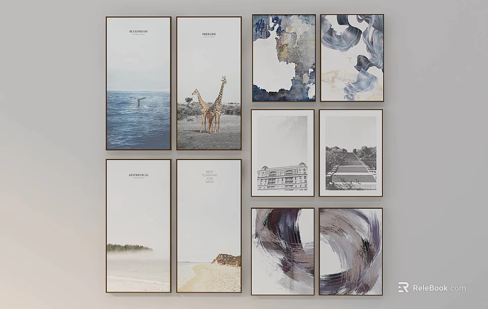 Collection Of Landscape Paintings Featuring Ocean View Giraffe Abstract Beach And Architectural Scenes 3d model 