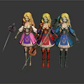 Three Blonde Women Characters Posing In Different Fantasy Costumes With Weapons