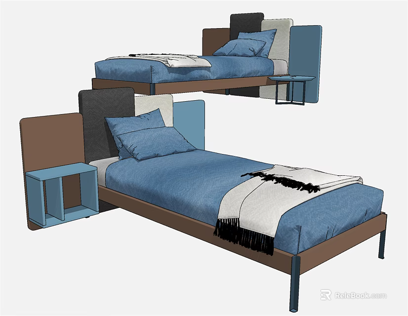Modern Single Bed With Blue Bedding Brown Headboard Blanket And Nightstand 3d model 
