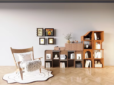 Wooden Bookshelf With Compartments Books Decor Items Armchair Rug And Potted Plant In Warm Interior 3d model