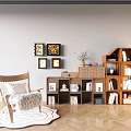 Wooden Bookshelf With Compartments Books Decor Items Armchair Rug And Potted Plant In Warm Interior