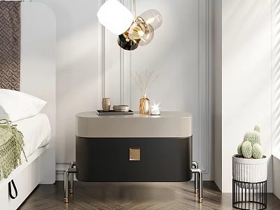 Modern Black White Bedside Table With Metal Legs And Decorative Perfume Bottles 3d model