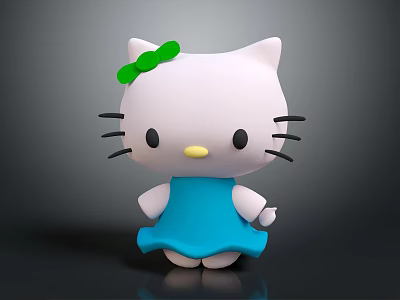 Hello Kitty Character With Green Bow Blue Dress White Face Black Whiskers Yellow Nose 3d model
