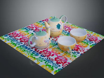 Vibrant Floral Tea Set With Teapot And Teacups On Colorful Mat 3d model