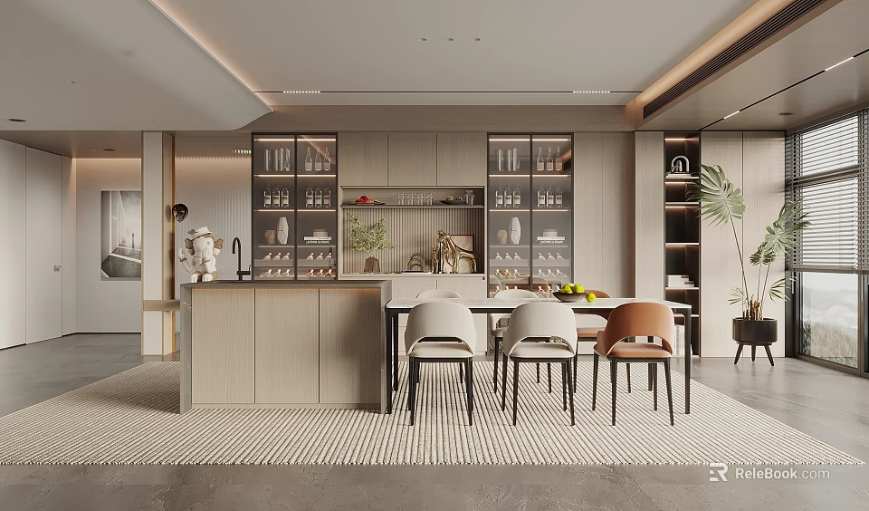 Modern Open Concept Restaurant With Island Counter Dining Chairs Cabinets And Plants 3d model 