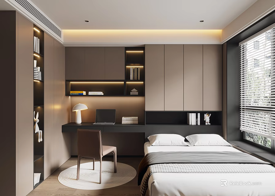 Modern Tatami Bedroom Interior with Desk Chair Bookshelf and Window Lighting 3d model 