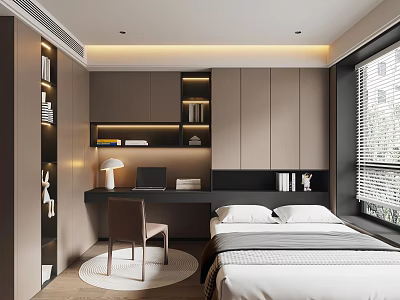 Modern Tatami Bedroom Interior with Desk Chair Bookshelf and Window Lighting 3d model