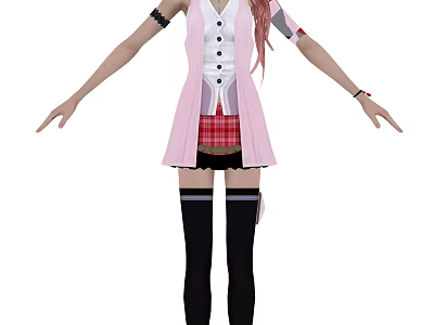 Game Movie Character with Pink Hair Pink Coat Red Plaid Skirt Black Thigh High Socks 3d model