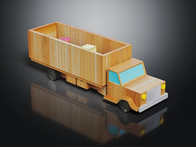 Wooden Toy Truck With Open Cargo Bed Colored Blocks Inside Blue Window And Yellow Headlights 3d model
