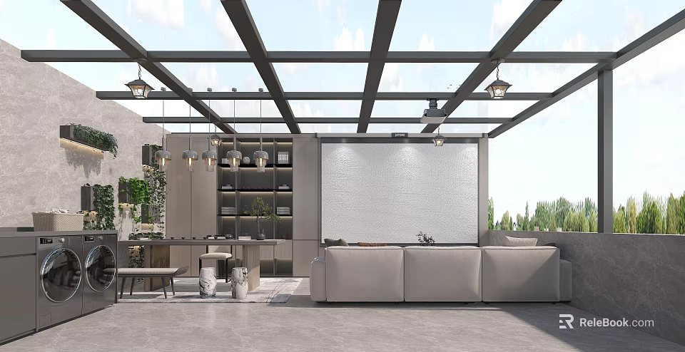 Modern Villa Balcony With Glass Roof Sofa Cabinets And Plants 3d model 