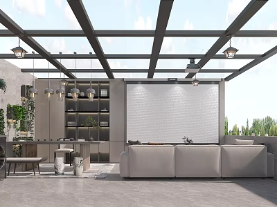 Modern Villa Balcony With Glass Roof Sofa Cabinets And Plants 3d model