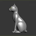Shiny Silver Cat Sculpture With Glowing Yellow Eyes On Dark Surface