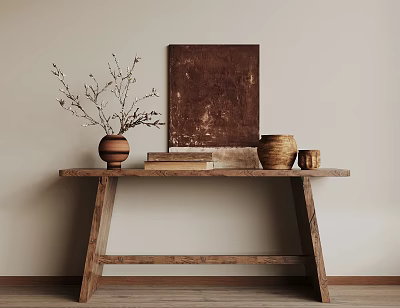 Wooden Console Table with Vase Dried Branches Books and Jars in Minimalist Interior 3d model
