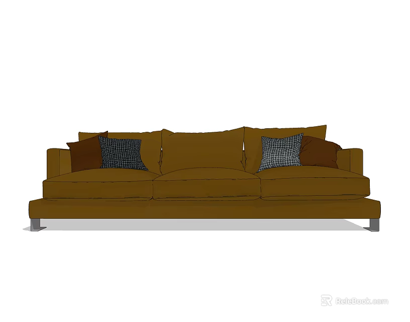 Brown Three Seater Sofa With Patterned Cushions And Silver Legs Modern Style 3d model