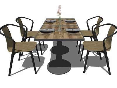 Modern Dining Table Set with Four Chairs Wooden Tabletop Tableware and Flower Vase 3d model