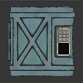 Blue Container with X Shaped Geometric Design Control Panel Numeric Keypad Screen and Orange Stripe