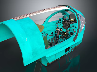 Detailed Turquoise Aircraft Cockpit Model Interior Featuring Control Panel Instruments And Transparent Canopy 3d model