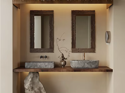 Rustic Bathroom Vanity With Two Wooden Framed Mirrors Stone Sinks And Decorative Plant 3d model