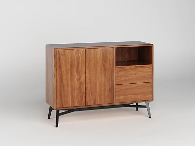 Modern Wooden Sideboard With Cabinet Doors Drawers Open Shelf And Black Metal Legs 3d model