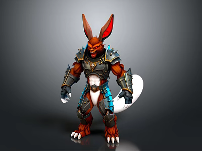 Armored Fantasy Warrior Creature With Red Rabbit Ears White Tail Blue Accents 3d model