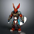 Armored Fantasy Warrior Creature With Red Rabbit Ears White Tail Blue Accents