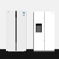 Two Modern Double Door Refrigerators with Digital Display Sticker Black Window Long Handle Beige Design