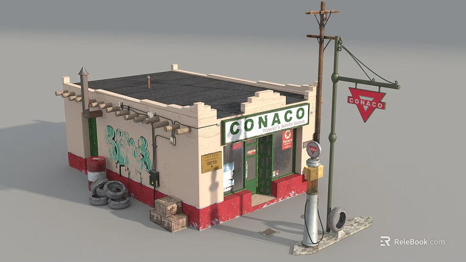 CONACO Gas Station With Cream And Red Exterior Black Roof Green Doors And Fuel Pump 3d model 