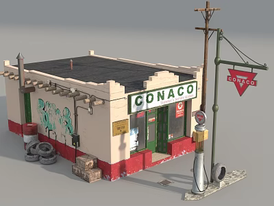 CONACO Gas Station With Cream And Red Exterior Black Roof Green Doors And Fuel Pump 3d model