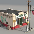 CONACO Gas Station With Cream And Red Exterior Black Roof Green Doors And Fuel Pump