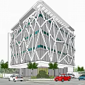 Modern Office Building With Unique Geometric Facade Surrounded By Urban High Rise Buildings