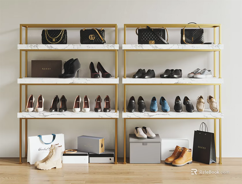 Gold Metal Shoe Rack with Multiple Shelves Shoes Handbags and Storage Boxes 3d model 