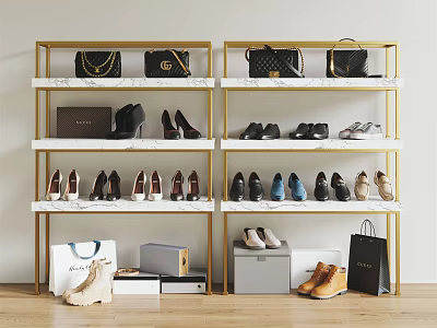 Gold Metal Shoe Rack with Multiple Shelves Shoes Handbags and Storage Boxes 3d model
