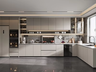 Modern Open Concept Kitchen Interior With Island Counter Cabinets And Appliances 3d model