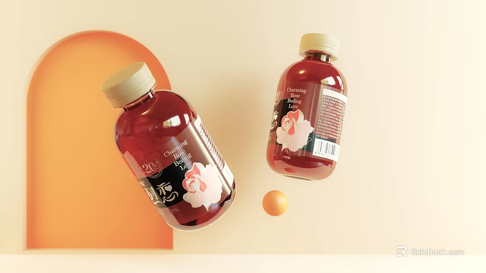 Two Red Bottled Beverages With Cartoon Label Design And Orange Sphere Background 3d model 