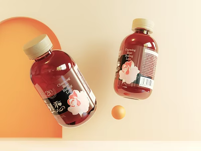 Two Red Bottled Beverages With Cartoon Label Design And Orange Sphere Background 3d model