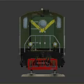 Green Locomotive With Yellow Stripes And Red Bottom On Railway Tracks Gray Background Reflection