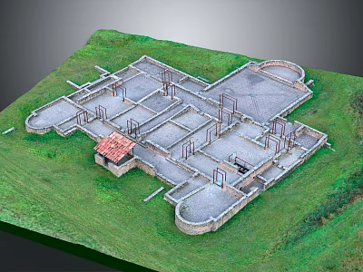 Cartoon Scene Featuring Building Foundation Model With Stone Base Green Grass and Red Roof Building 3d model