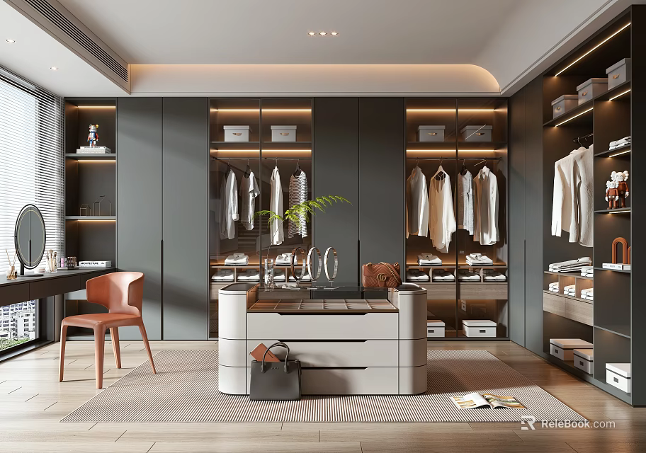 Modern Walk in Closet Interior Design With Hanging Clothes Dressing Table And Storage Cabinets 3d model 