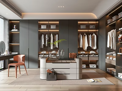 Modern Walk in Closet Interior Design With Hanging Clothes Dressing Table And Storage Cabinets 3d model