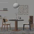 Minimalist Dining Room Interior With Round Wooden Table Woven Chairs Decorative Painting And Hanging Lamp