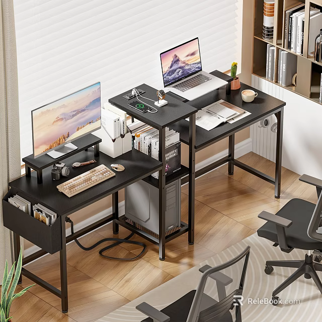 Modern Home Office Desk Setup With Dual Monitors Laptop Office Supplies And Bookshelf 3d model 