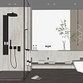 Modern Bathroom Interior With Glass Shower Large Mirror Marble Walls Wooden Accents And Green Plant