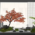 Tranquil Indoor Landscape With Orange Red Leaf Tree White Wall Grid Pattern Stones Crane Sculptures