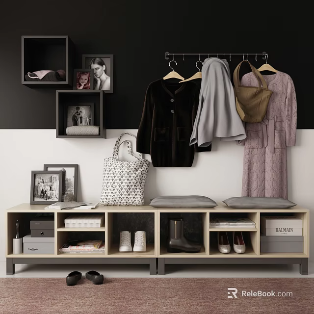 Entryway Storage Bench with Coats Handbag Shoes and Photo Frames on Hooks 3d model 