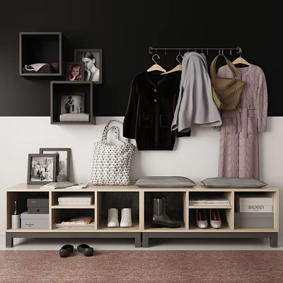 Entryway Storage Bench with Coats Handbag Shoes and Photo Frames on Hooks 3d model