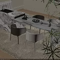 Modern Dining Table Set With Marble Top And Beige Chairs Decorative Vase And Green Plant