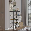 Modern Multi Tier Shoe Rack With Metal Frame Wooden Top And Decorative Items On Storage Shelves